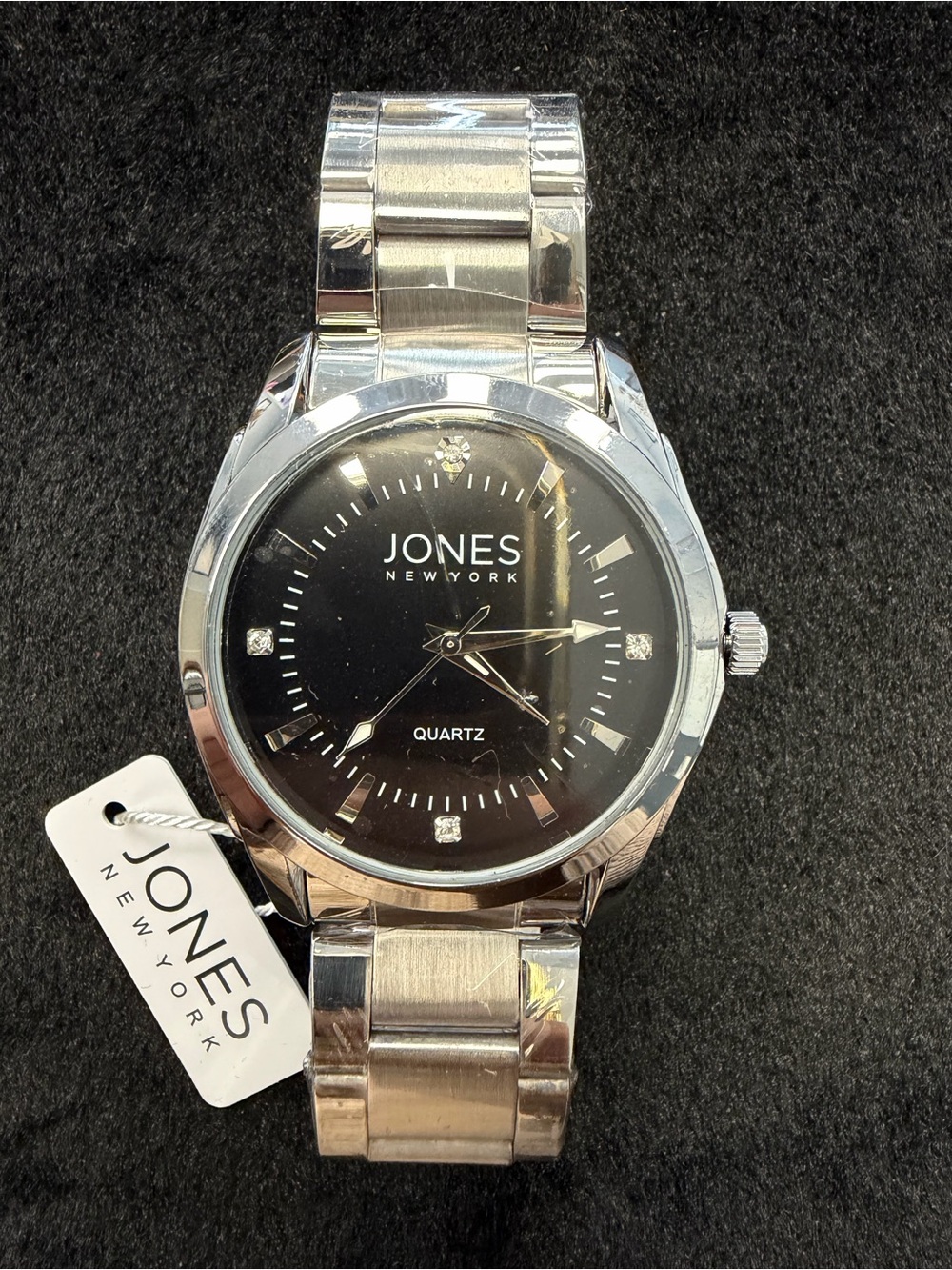 Jones New York Alexander Dress Watch BLK Dial W/ Crystal Accents Stainless Steel